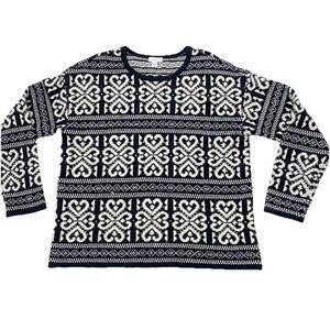 J Jill White Blackcream Nordic Celtic Hearts Wool Blend Sweater Women's Small